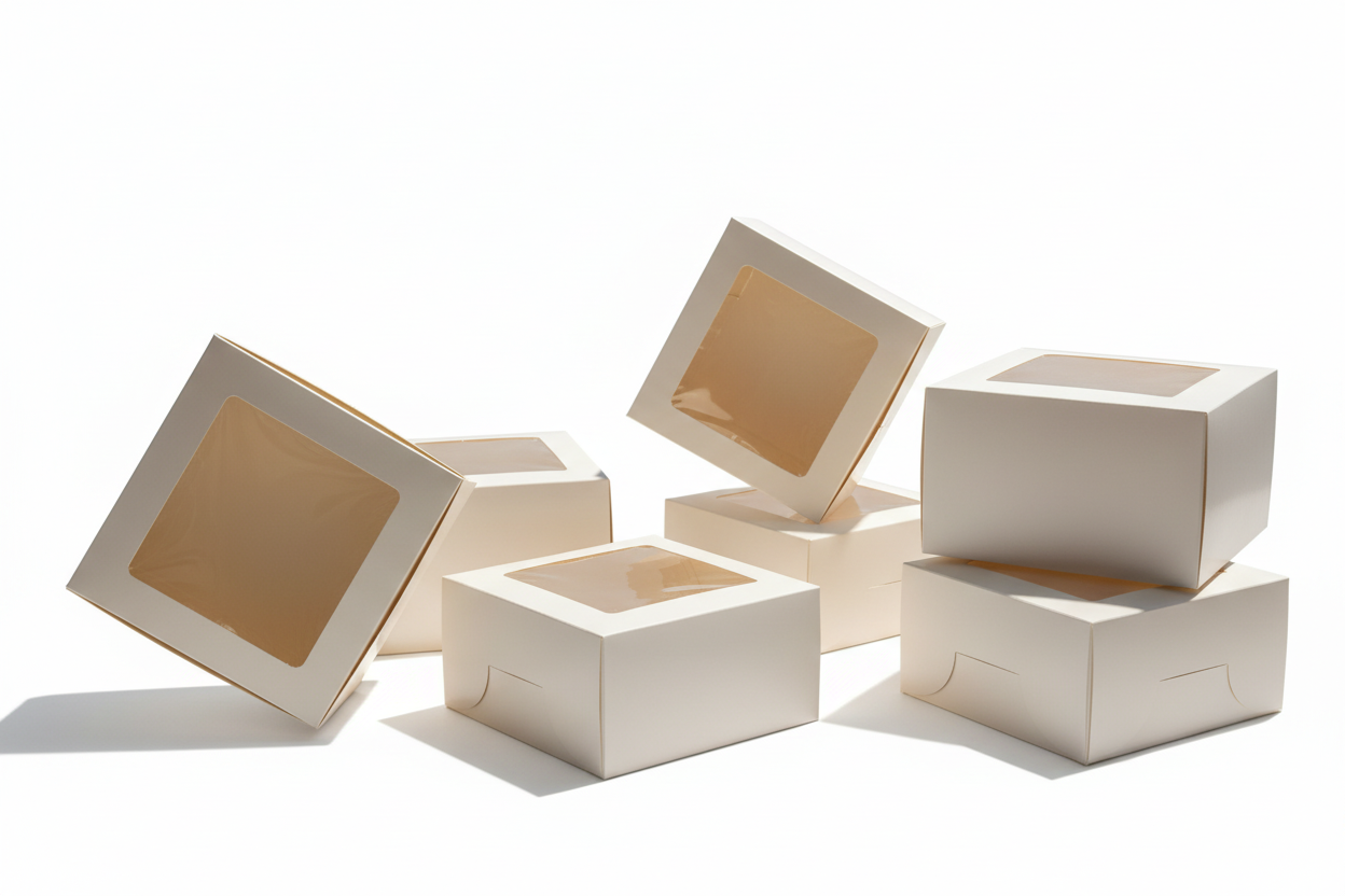 Set of white square boxes with gold interior on a white background